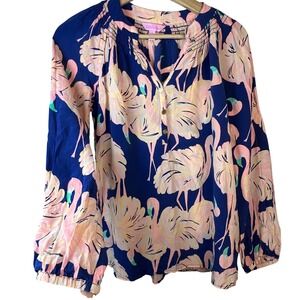 Lilly Pulitzer Elsa Flamingo Blouse Navy Pink 100% Silk Lightweight Sz Small